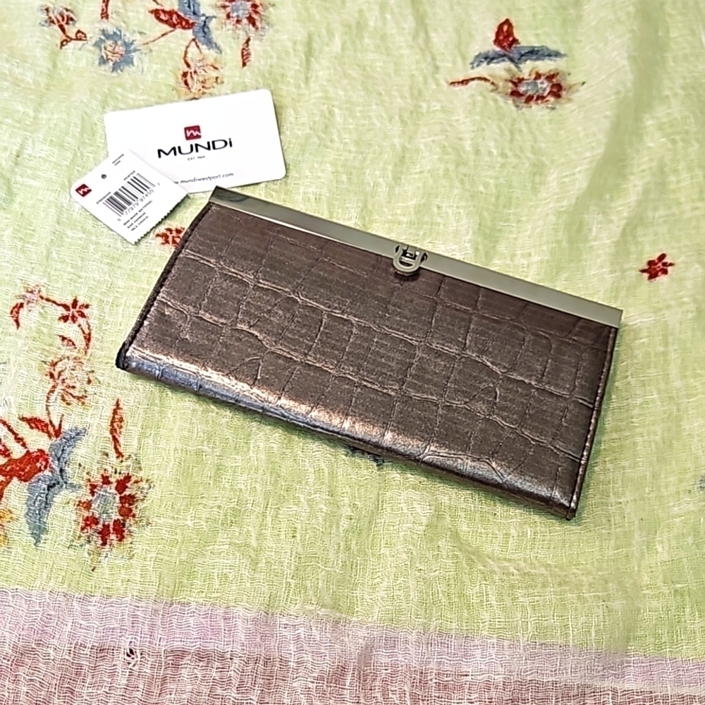 Mundi Pewter Embossed Leather Wallet Clutch NWT